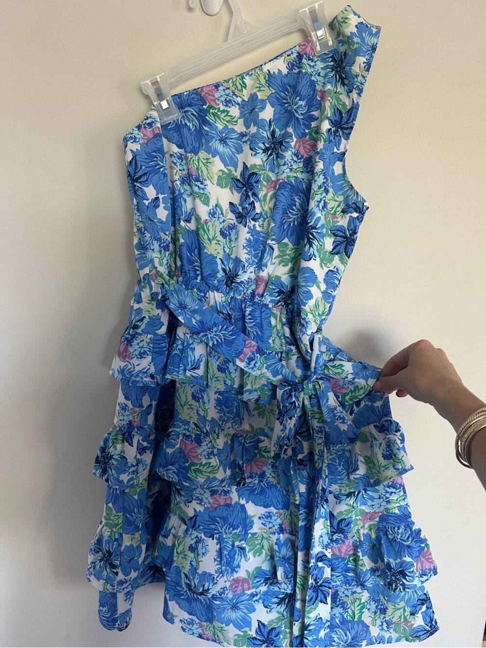 Blue Floral One-Shoulder Dress with Tie Waist